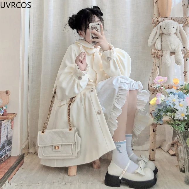 Winter Women'S Woolen Coat Japanese Lolita Style Sweet Kawai Bow A-Line Loose Jackets Female Elegant Fall Korean Fashion Outwear