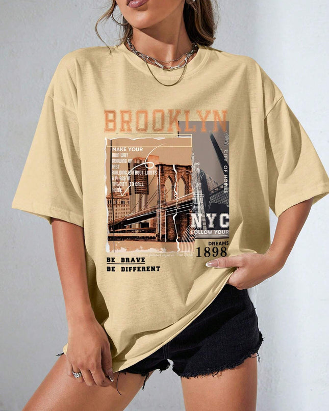 INAWLY Street View and Slogan Graphic Drop Shoulder Tee MAKE YOUR OWN WAY GROWING up FAST BUILDING without LIMITS a PLACE in the CITY to CALL HOME CITY of HOMES NYC FOLLOW YOUR DREAMS 1898 the Brooklyn Bridge Is a Famous Sight in New York BE BRAVE BE DIFFERENT Graphic Tees Women Tops