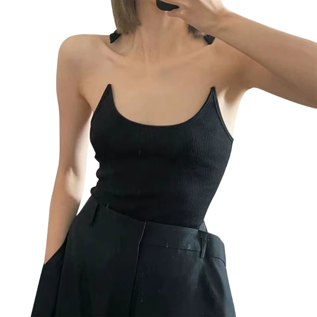 Women Summer Sleeveless Cropped Vest Top Solid Color Large Neck Crop Top Invisible Strap Bustier Vest Dropship