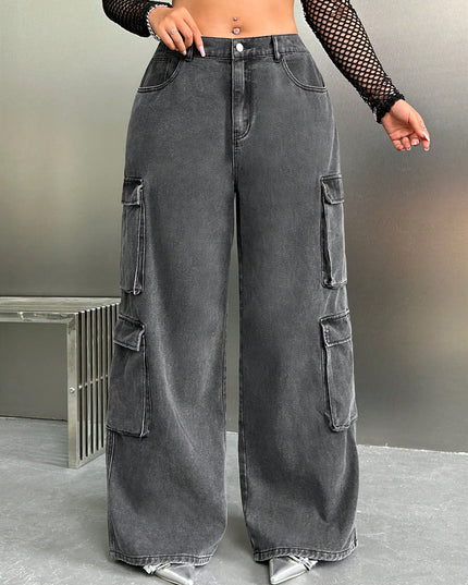 SHEIN ICON Y2K High Waist Black Cargo Pocket plus Size Straight Leg Jeans, Fall Women Clothes