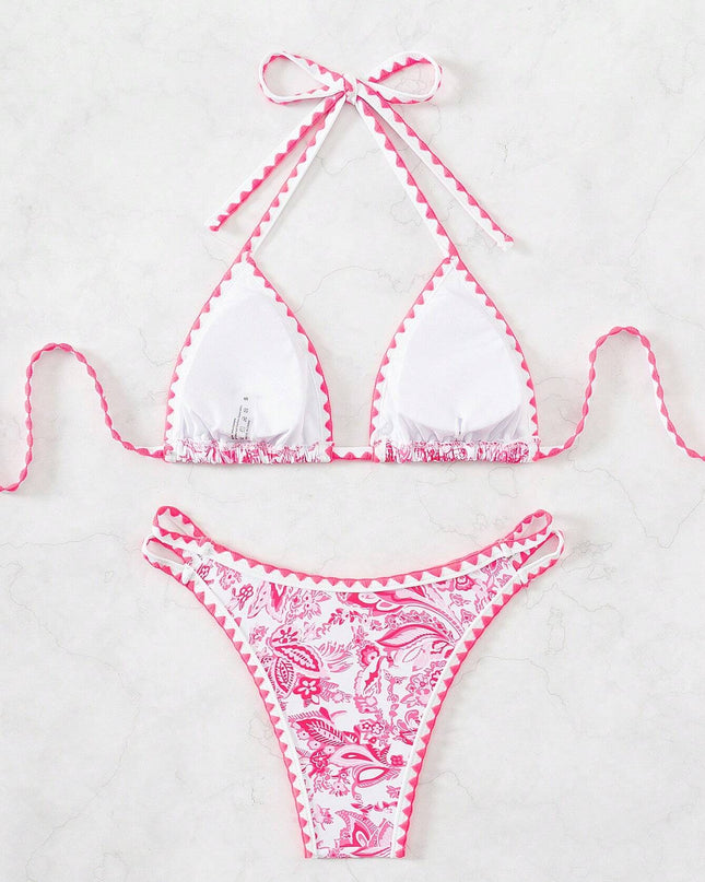Swim Vcay Women'S Summer Beach Floral Print Halter Neck Tie Bikini Set