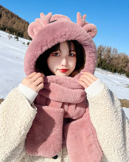 Dragon Horn Bear Hat Scarf One Female Winter Adult Gloves Cycling Thick Dragon Treasure 3-In-1 Small Antler Hat