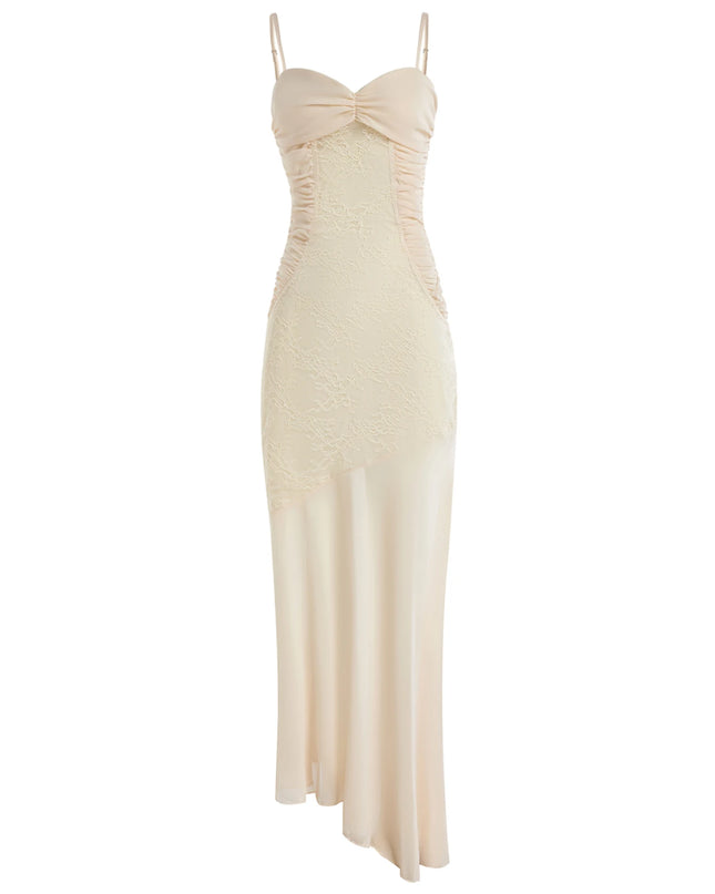 Mingmingxi Summer Long Dresses for Women 2024 New Arrivals Beige Elegant Lace Dress with Hem Spaghetti Strap Bodycon Party Dress