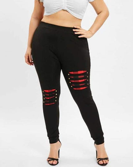 Leggings for Women plus Size Plaid Patchwork High Waist Skinny Stretchy Casual Work Pants (Black, XL)