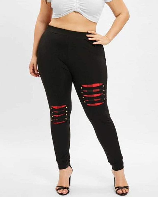 Leggings for Women plus Size Plaid Patchwork High Waist Skinny Stretchy Casual Work Pants (Black, XL)