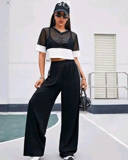 Women's Hight Waist Wide-Leg Jogger Pant Black & White Stripe