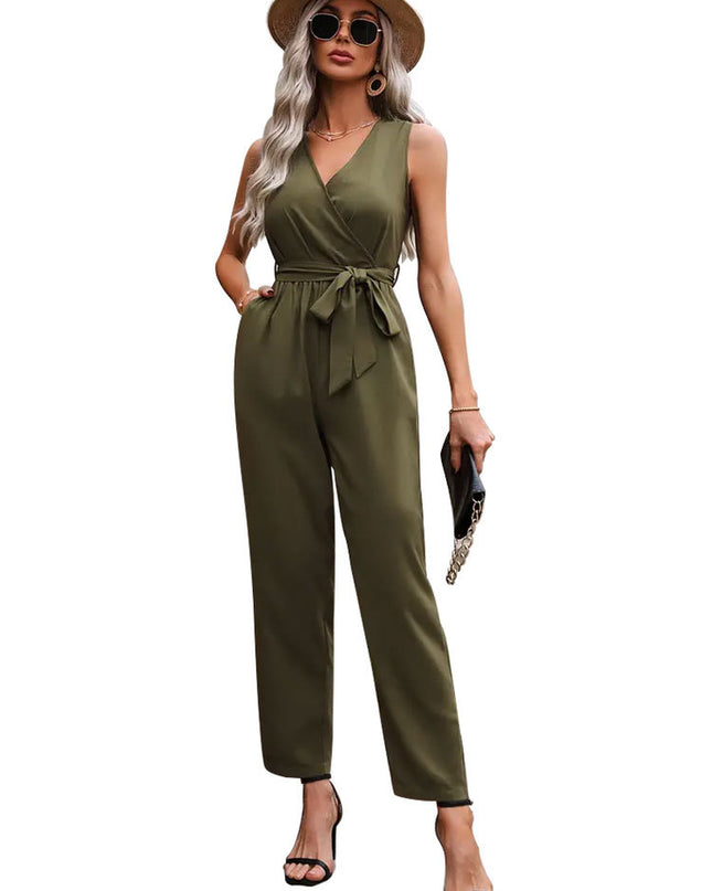 Elegant Commuter Sleeveless Cross Collar Waistline Lace-Up Jumpsuit