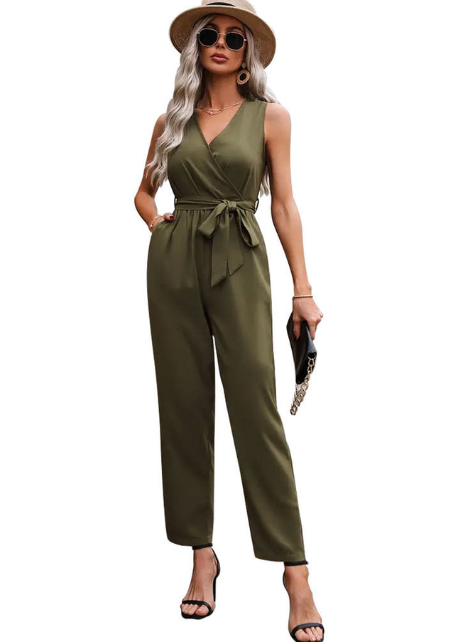 Elegant Commuter Sleeveless Cross Collar Waistline Lace-Up Jumpsuit