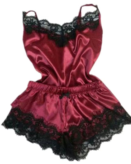 1 Set of Sexy Women'S Pajamas Sleeveless Camisole Pyjamas Lace-Trimmed Satin Camisole Pyjama Set