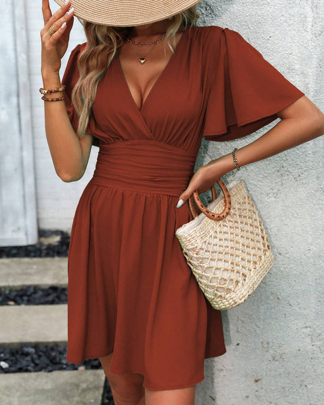 LUNE Plunging Neck Butterfly Sleeve Ruched Waist Dress