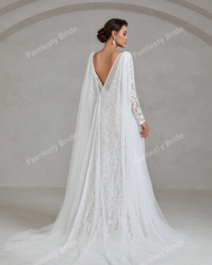 Faeriesty Elegant Square Neckline Long-Sleeve Mermaid Wedding Dress Bridal Gown with Sheer Organza Cape Detailing – Perfect for Church Ceremonies, Formal Galas, Destination Weddings, Luxurious Evening Receptions, and Grand Cathedral Celebrations
