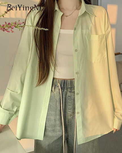 2024 Spring Autumn Women Shirts White Plain Loose Oversized Blouses Female Tops Loose BF Korean Style Blusas Pockets