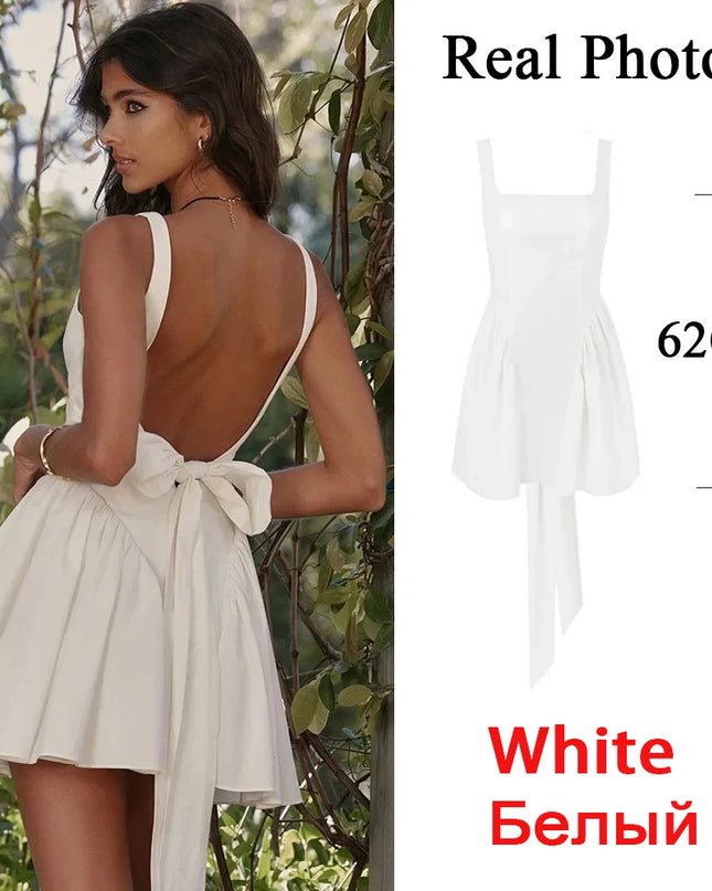 Mingmingxi Summer Mini Backless a Line Dress Sexy White Big Bow Dress Casual Women Birthday Holiday Dress New Arrivals