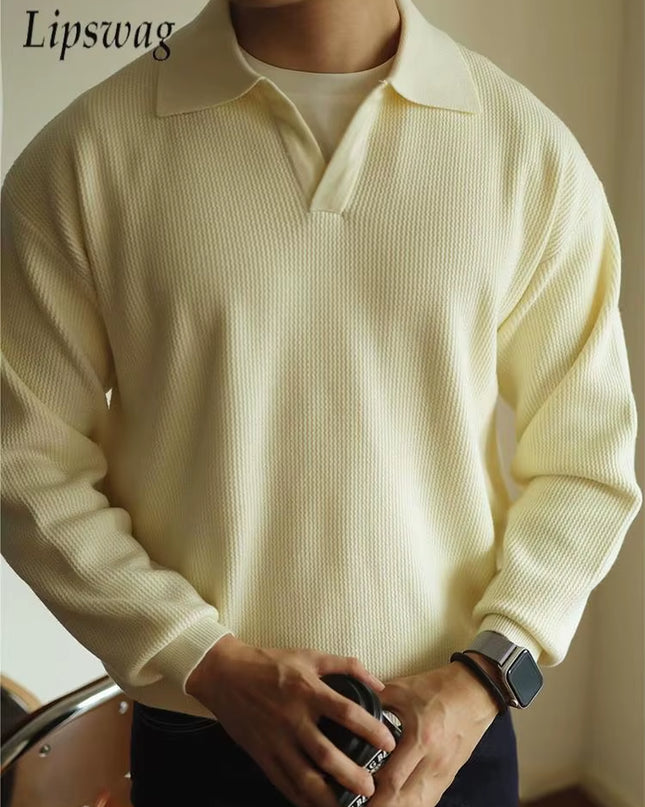 Casual Knitwear Mens Polo Shirt Knitted Long Sleeve Turn-Down Collar Sweater Men Leisure Solid Color Jumper Tops Men'S Sweaters
