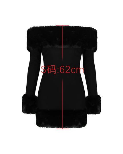 Autumn and Winter Faux Fur off the Shoulder Dress 2024 New Arrivals Black Mini Long Sleeve Sexy Party Dresses Women