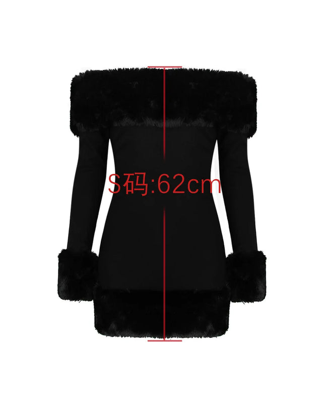Autumn and Winter Faux Fur off the Shoulder Dress 2024 New Arrivals Black Mini Long Sleeve Sexy Party Dresses Women