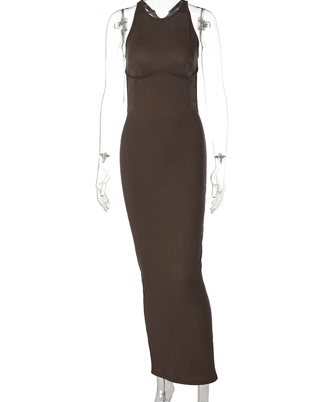 Ribbed Solid Hollow Out Backless Sleeveless Sexy Slit Mini Dress Bodycon 2025 Spring Women Outfits Elegant Party Y2K