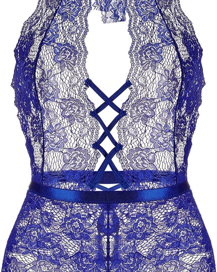 Plus Size Lingerie for Women Sexy Halter Teddy Bodysuit Lace Deep V One Piece Chemise Clubwear Blue,Xxl