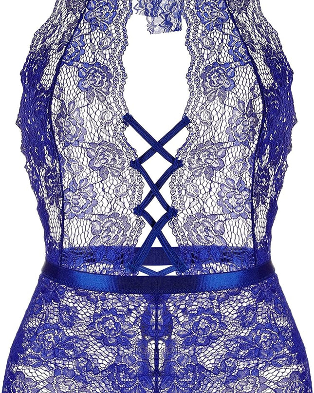 Plus Size Lingerie for Women Sexy Halter Teddy Bodysuit Lace Deep V One Piece Chemise Clubwear Blue,Xxl