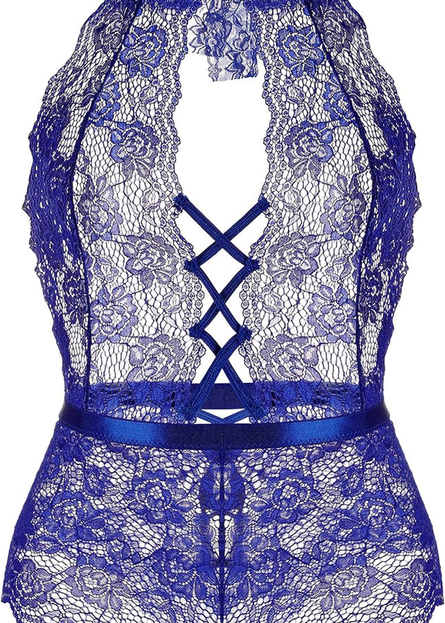 Plus Size Lingerie for Women Sexy Halter Teddy Bodysuit Lace Deep V One Piece Chemise Clubwear Blue,Xxl