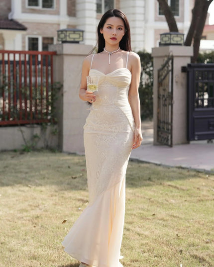 Mingmingxi Summer Long Dresses for Women 2024 New Arrivals Beige Elegant Lace Dress with Hem Spaghetti Strap Bodycon Party Dress