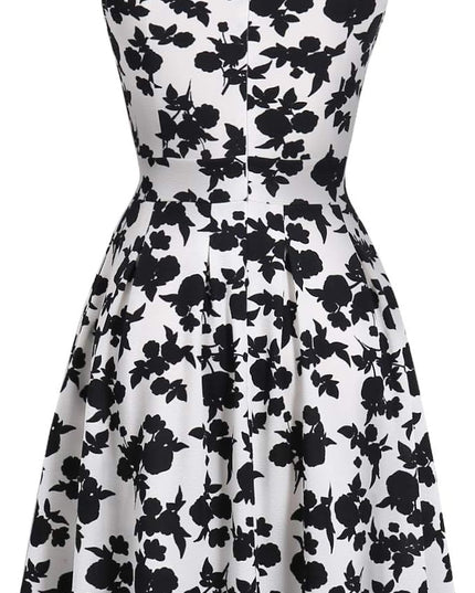 Summer Dresses for Women with Pockets Elegant Retro 50S Pleated V Keyhole Sleeveless Holiday Party Dance Wedding Guest Dress (S, Sp81-White Black Flo)