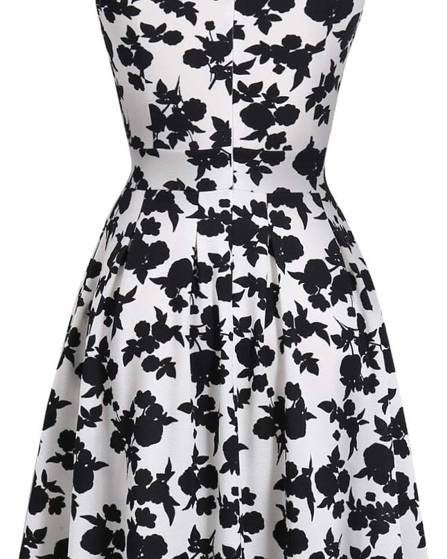 Summer Dresses for Women with Pockets Elegant Retro 50S Pleated V Keyhole Sleeveless Holiday Party Dance Wedding Guest Dress (S, Sp81-White Black Flo)