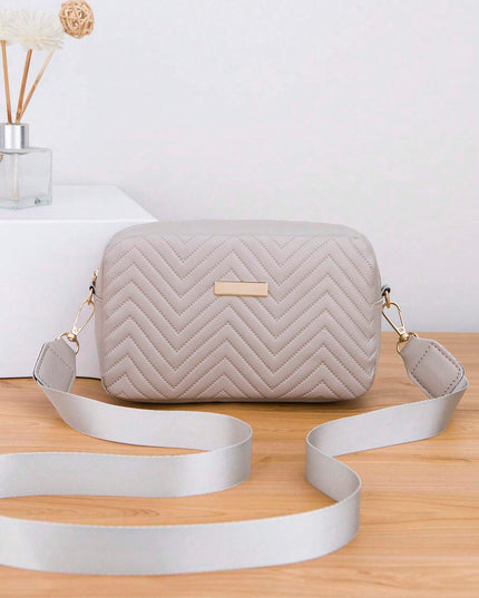 1Pc Gray Quilted V-Groove Embossed Lady'S Fashion Versatile Shoulder Crossbody Messenger Bag with Gold Metal Decor