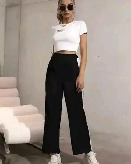 Women's Hight Waist Wide-Leg Jogger Pant Black & White Stripe