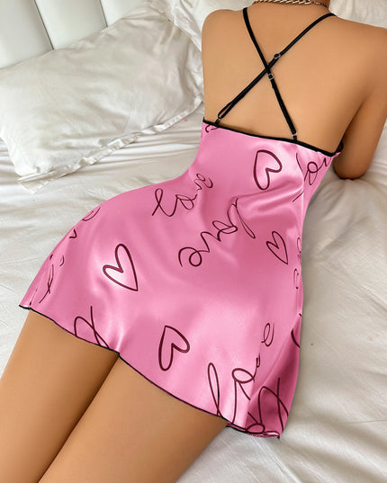Heart Letter Print Nightdress Casual round Neck Spaghetti Strap Sleep Dress Women'S Sleepwear Dresses