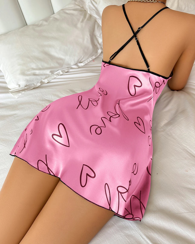 Heart Letter Print Nightdress Casual round Neck Spaghetti Strap Sleep Dress Women'S Sleepwear Dresses