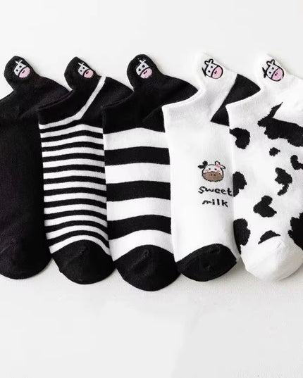 5 Pairs Womens Socks Lovely Cow Pattern Short Socks Creative Printing Socks Ankle Sock