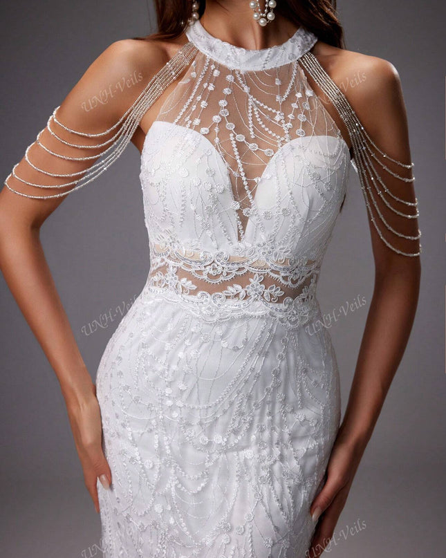 UNITHORSE Elegant, Gorgeous and Romantic, White Color, Off-Shoulder Sleeveless, Mermaid Tail Design, See-Through Elastic Lace Breast Cup, Chain Decor Embroidery Mesh Wedding Dress Gown, All White Party Outfit Women