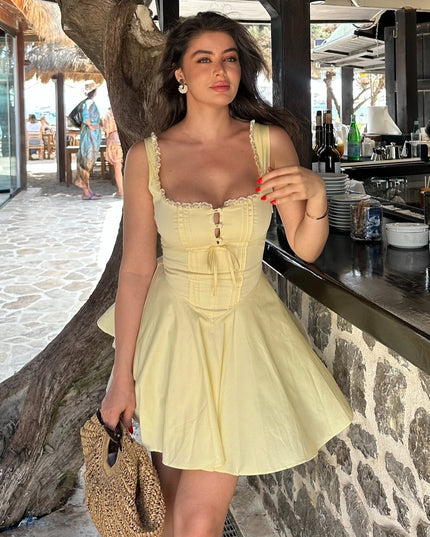 Mingmingxi 2024 Summer Lovely a Line Dress Yellow Sexy Party Dresses Hollow Out Lace up Elegant Holiday Dress Women