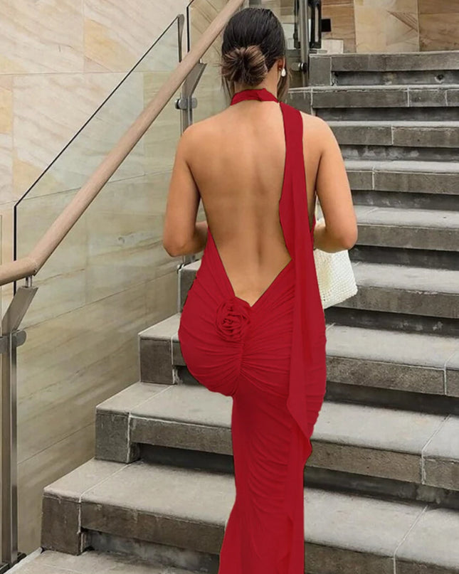 Women's Elegant Floral-Applique Halter Backless Maxi Dress - Summer Party Wear 2024 C83-CE37