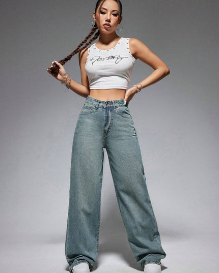 Jeanoix Washed Wide-Leg Jeans with Slanted Pockets Baggy Jeans Y2K