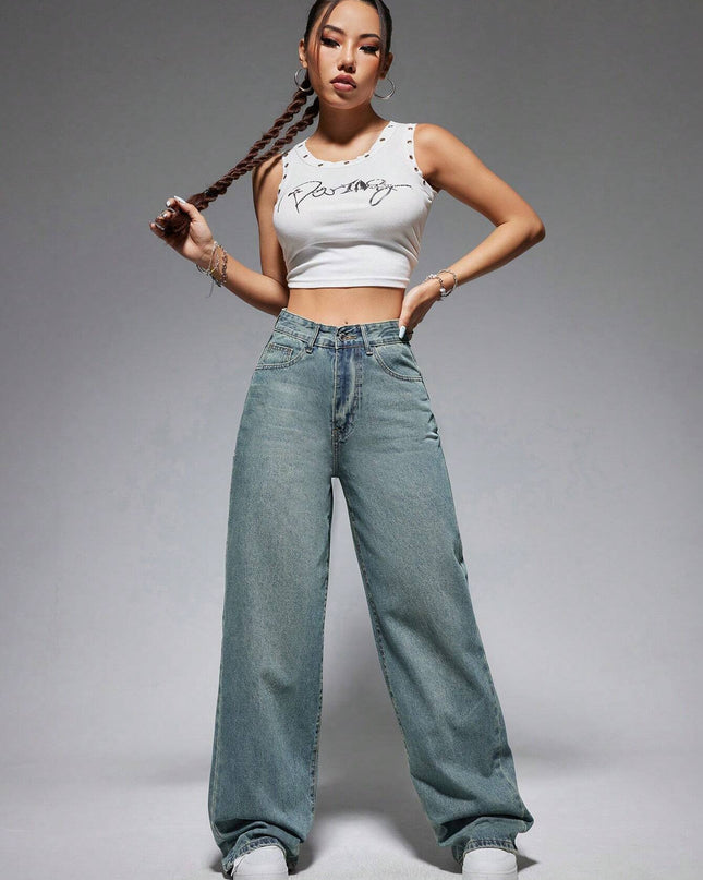 Jeanoix Washed Wide-Leg Jeans with Slanted Pockets Baggy Jeans Y2K