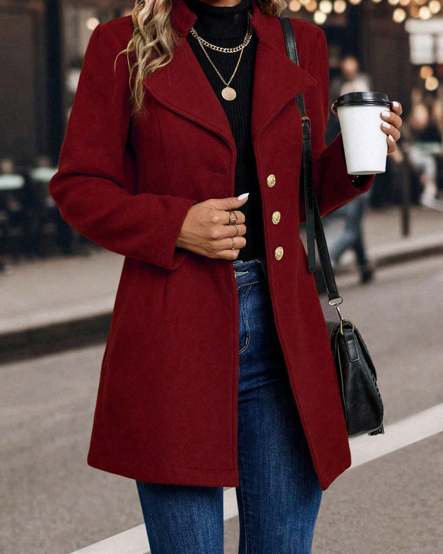 LUNE Solid Color Woolen Coat with Single Breasted Button