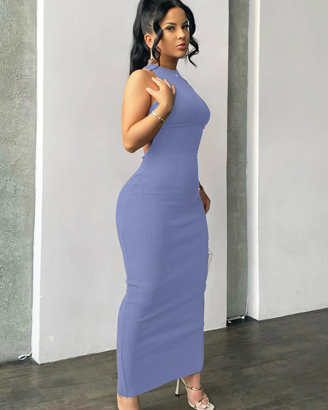 Ribbed Solid Hollow Out Backless Sleeveless Sexy Slit Mini Dress Bodycon 2025 Spring Women Outfits Elegant Party Y2K