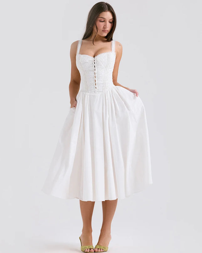 White Summer Jacquard Dress 2024 New Arrivals Midi Elegant Party Dresses White Spaghetti Strap Lace up Women'S Clothing