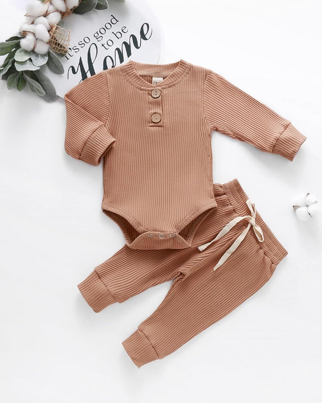 Newborn Baby Boy Girl Clothes Ribbed Knitted Cotton Long Sleeve Romper Long Pants Solid Color Fall Winter Outfits