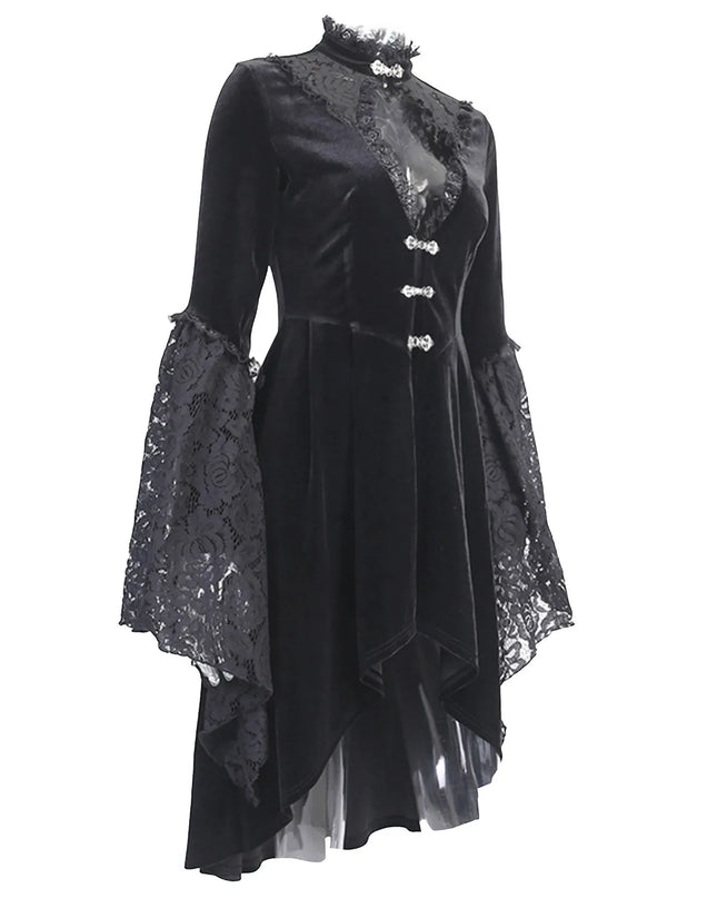 Women Gothic Lace Dress V Neck Hollow Out Flare Long Sleeve Dress Halloween Cosplay Costume Masquerade Party Dress up Vestidos