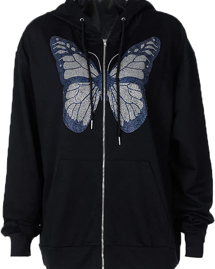 Women'S Gothic Hoodie Sweatshirt, Fashion Long Sleeve Loose Fit Comfy Pocket Butterfly Print Full Zip Hooded Coat Tops