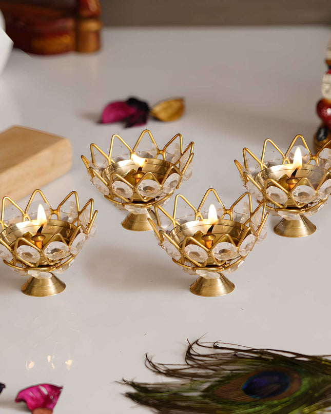 eCraftIndia Set of 4 Lotus Shape Crystal Tea Light Holder