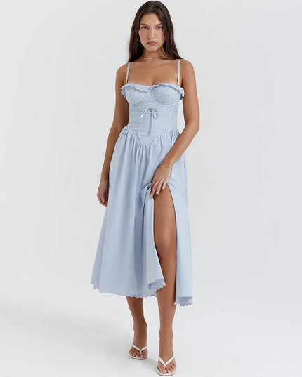 Fashion Summer Dresses 2024 Blue Midi Crochet Dress Elegant Sexy Spaghetti Strap Bustier Dress for Party Club