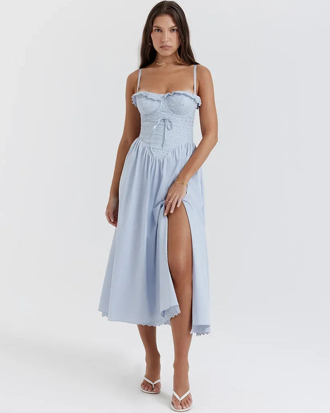 Fashion Summer Dresses 2024 Blue Midi Crochet Dress Elegant Sexy Spaghetti Strap Bustier Dress for Party Club