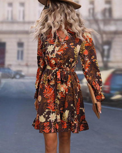 Clasi Floral Print Flounce Sleeve Ruffle Hem Belted Dress
