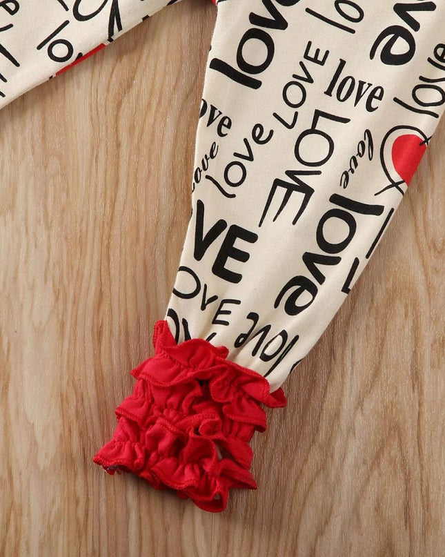 Toddler Baby Girl Valentine'S Day Outfits Ruffle Tunic Top Dress Shirt Love Heart Print Leggings Pants Clothes Set (Red Letters, 12-18 Months)