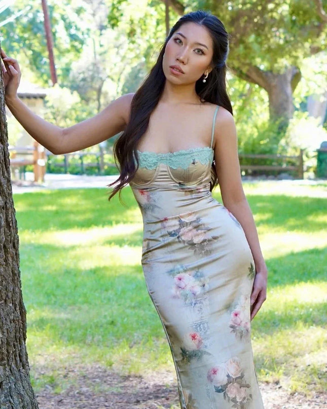 Spaghetti Strap Lace Print Midi Dress for Women Robe Strapless Backless High Waist Bodycon Club Party Long Dress