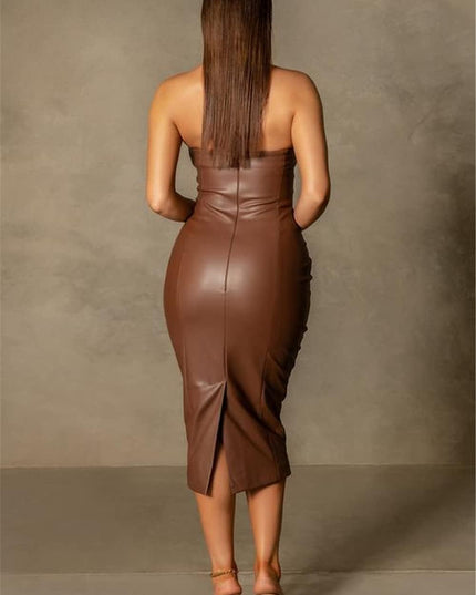 Women Sexy Strapless Tube Top Club Midi Dress off Shoulder Bodycon Party Faux Leather Dress